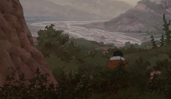 Movie still from “Brother Bear” (2003), directed by Robert Walker – A painting of a person in a field with trees and mountains in the background; Wide shot, High angle