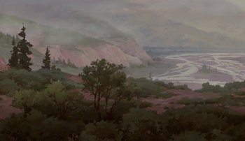 Movie still from “Brother Bear” (2003), directed by Robert Walker – An oil painting of a valley with trees in the foreground and mountains in the background; Extreme Wide shot, High angle
