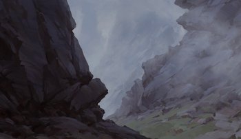 Movie still from “Brother Bear” (2003), directed by Robert Walker – An oil painting of a rocky mountain side; Extreme Wide shot, Low angle