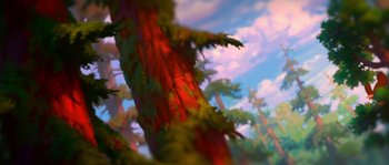 Movie still from “Brother Bear” (2003), directed by Robert Walker – View of a tree in a forest; Extreme Wide shot, Low angle