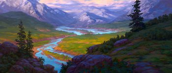 Movie still from “Brother Bear” (2003), directed by Robert Walker – An oil painting of a river flowing through a mountain valley; Extreme Wide shot, High angle