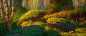 Movie still from “Brother Bear” (2003), directed by Robert Walker – A painting of a forest with a bunch of trees in the background; Extreme Wide shot, Low angle