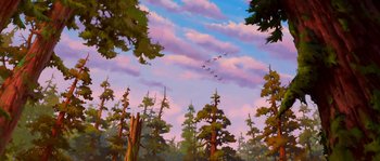 Movie still from “Brother Bear” (2003), directed by Robert Walker – A painting of trees and birds flying in the sky; Extreme Wide shot, Low angle