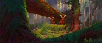Movie still from “Brother Bear” (2003), directed by Robert Walker – A painting of two moose in the middle of a forest; Extreme Wide shot, Low angle