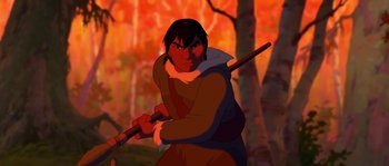 Movie still from “Brother Bear” (2003), directed by Robert Walker – An image of an animated character holding a spear; Medium shot, Over the shoulder angle