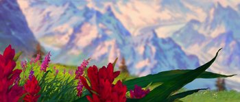 Movie still from “Brother Bear” (2003), directed by Robert Walker – A painting of a red flower in front of a mountain range; Extreme Wide shot, Low angle