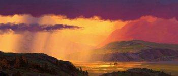 Movie still from “Brother Bear” (2003), directed by Robert Walker – An oil painting of two horses grazing in a field; Extreme Wide shot, Low angle