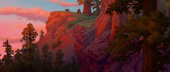 Movie still from “Brother Bear” (2003), directed by Robert Walker – An oil painting of a bear on a cliff; Extreme Wide shot, Low angle