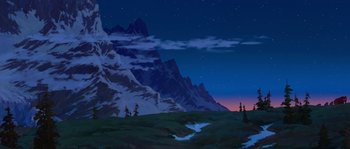 Movie still from “Brother Bear” (2003), directed by Robert Walker – A painting of a snowy mountain at night; Extreme Wide shot, Low angle