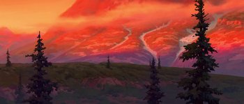 Movie still from “Brother Bear” (2003), directed by Robert Walker – A painting of a mountain range with a red sky at sunset; Extreme Wide shot, Low angle