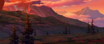 Movie still from “Brother Bear” (2003), directed by Robert Walker – A painting of a mountain range with trees in the foreground; Extreme Wide shot, Low angle