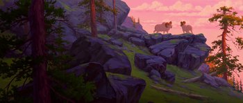 Movie still from “Brother Bear” (2003), directed by Robert Walker – A painting of an animal standing on top of a hill; Extreme Wide shot, Low angle