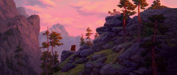Movie still from “Brother Bear” (2003), directed by Robert Walker – A painting of a bear and two people on a cliff; Extreme Wide shot, Low angle