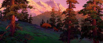 Movie still from “Brother Bear” (2003), directed by Robert Walker – A painting of a bear and a cub in the mountains; Extreme Wide shot, Low angle