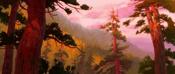 Movie still from “Brother Bear” (2003), directed by Robert Walker – An oil painting of a bird flying over a forest; Extreme Wide shot, Low angle