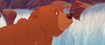 Movie still from “Brother Bear” (2003), directed by Robert Walker – A brown bear is looking up at a waterfall; Close Up shot, Low angle