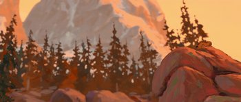 Movie still from “Brother Bear” (2003), directed by Robert Walker – A painting of trees and mountains in the background; Extreme Wide shot, Over the shoulder angle