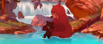 Movie still from “Brother Bear” (2003), directed by Robert Walker – A brown bear and a brown bear in a body of water near a body of water; Wide shot, Overhead angle