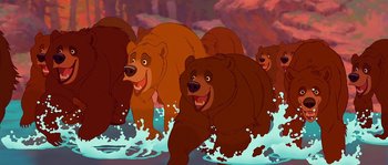Movie still from “Brother Bear” (2003), directed by Robert Walker – A group of brown bears running through water; Wide shot, Low angle