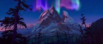 Movie still from “Brother Bear” (2003), directed by Robert Walker – A painting of a snowy mountain with trees in the background; Extreme Wide shot, Low angle