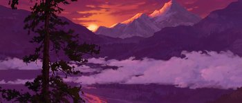 Movie still from “Brother Bear” (2003), directed by Robert Walker – A painting of a mountain range at sunset; Extreme Wide shot, Low angle