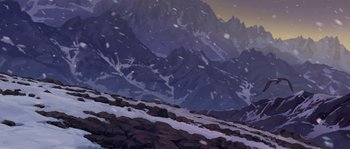 Movie still from “Brother Bear” (2003), directed by Robert Walker – A painting of a snowy mountain range with snow on the ground; Extreme Wide shot, Low angle
