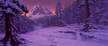 Movie still from “Brother Bear” (2003), directed by Robert Walker – A painting of a snowy landscape with trees and mountains in the background; Extreme Wide shot, Low angle