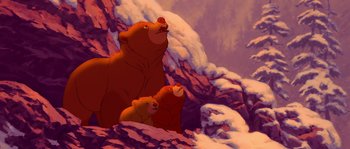 Movie still from “Brother Bear” (2003), directed by Robert Walker – A painting of a bear and her cubs in the snow; Wide shot, Low angle