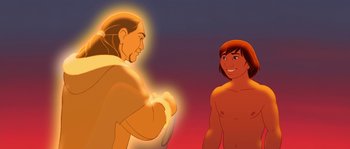 Movie still from “Brother Bear” (2003), directed by Robert Walker – An animated picture of a man and a woman; Medium shot, Over the shoulder angle