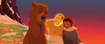 Movie still from “Brother Bear” (2003), directed by Robert Walker – A man and a woman standing in front of a bear; Medium shot, Over the shoulder angle
