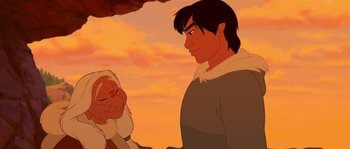 Movie still from “Brother Bear” (2003), directed by Robert Walker – A man and a woman standing next to each other in front of an orange sky; Medium shot, Over the shoulder angle