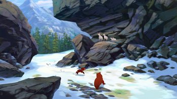 Movie still from “Brother Bear 2” (2006), directed by Ben Gluck – A painting of a brown bear and two deer in the snow; Extreme Wide shot, Low angle