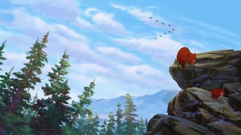 Movie still from “Brother Bear 2” (2006), directed by Ben Gluck – A painting of a bear sitting on top of a rock; Extreme Wide shot, Low angle