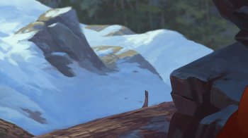 Movie still from “Brother Bear 2” (2006), directed by Ben Gluck – A painting of a mountain with snow on the ground; Extreme Wide shot, Low angle