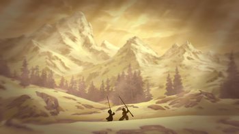 Movie still from “Brother Bear 2” (2006), directed by Ben Gluck – A painting of two people standing in the middle of a snow covered mountain; Extreme Wide shot, High angle