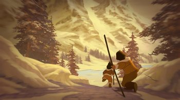 Movie still from “Brother Bear 2” (2006), directed by Ben Gluck – An illustration of a man holding a pole in the snow; Wide shot, Overhead angle