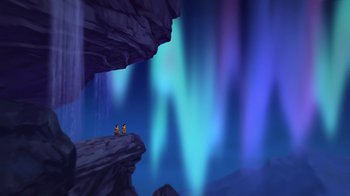 Movie still from “Brother Bear 2” (2006), directed by Ben Gluck – Two people are standing on a cliff looking at the aurora; Extreme Wide shot, Low angle
