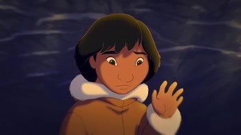 Movie still from “Brother Bear 2” (2006), directed by Ben Gluck – An animated picture of a person waving; Close Up shot, High angle