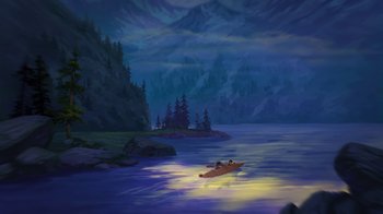 Movie still from “Brother Bear 2” (2006), directed by Ben Gluck – A painting of two people in a boat on a body of water at night; Extreme Wide shot, High angle