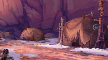 Movie still from “Brother Bear 2” (2006), directed by Ben Gluck – An artistic painting of an area with rocks and snow; Extreme Wide shot, High angle