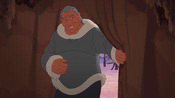 Movie still from “Brother Bear 2” (2006), directed by Ben Gluck – An old man is standing in front of a curtain; Medium shot, Over the shoulder angle