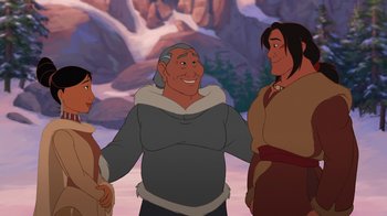 Movie still from “Brother Bear 2” (2006), directed by Ben Gluck – An animated picture of three people standing next to each other; Medium shot, Over the shoulder angle