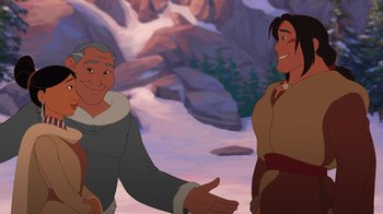 Movie still from “Brother Bear 2” (2006), directed by Ben Gluck – A couple of men standing next to each other; Medium shot, Over the shoulder angle