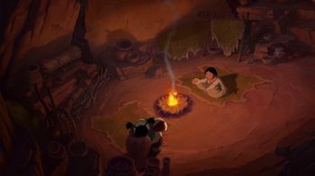 Movie still from “Brother Bear 2” (2006), directed by Ben Gluck – An image of a scene in a cartoon setting; Wide shot, High angle