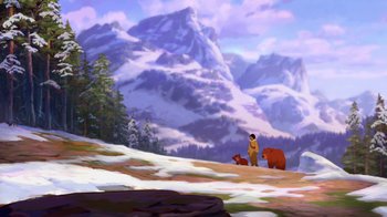 Movie still from “Brother Bear 2” (2006), directed by Ben Gluck – A painting of a man and two bears in the snow; Extreme Wide shot, Over the shoulder angle