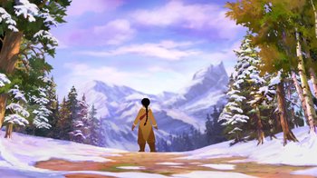 Movie still from “Brother Bear 2” (2006), directed by Ben Gluck – A painting of a person standing in front of a snowy mountain; Extreme Wide shot, Over the shoulder angle