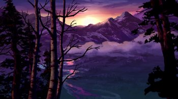 Movie still from “Brother Bear 2” (2006), directed by Ben Gluck – A painting of trees and mountains in the background; Extreme Wide shot, Low angle
