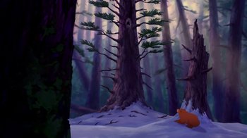 Movie still from “Brother Bear 2” (2006), directed by Ben Gluck – A painting of a tree in the middle of a forest; Extreme Wide shot, Low angle