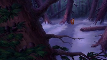 Movie still from “Brother Bear 2” (2006), directed by Ben Gluck – A painting of a forest with a person sitting in the middle of it; Extreme Wide shot, High angle