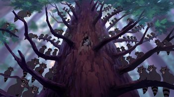 Movie still from “Brother Bear 2” (2006), directed by Ben Gluck – Many cats sitting in a tree; Extreme Wide shot, Overhead angle